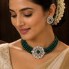 Traditional Lab Grown Diamond Emerald Beaded Choker Necklace Set with Earrings