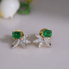 Emerald Cut Green Stone & Diamond Floral Stud Earrings in 18K Gold | Luxury Designer Earrings