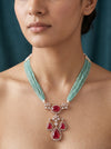 Lab Created Round Diamond Pendant Studded With Ruby In 18k Yellow Gold