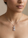 Baguette and Round Cluster Pendant surrounded by One Row Halo With Chain