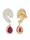 Designer Diamond Leaf Pattern Earrings with Red Gemstone
