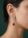 Designer Diamond Leaf Pattern Earrings with Red Gemstone