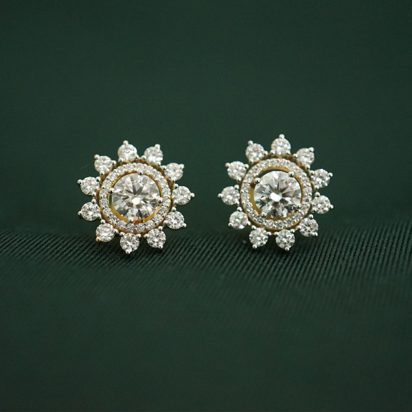 Solitaire Double Halo Style Ear Studs With Lab Grown Diamond - 18kt Gold