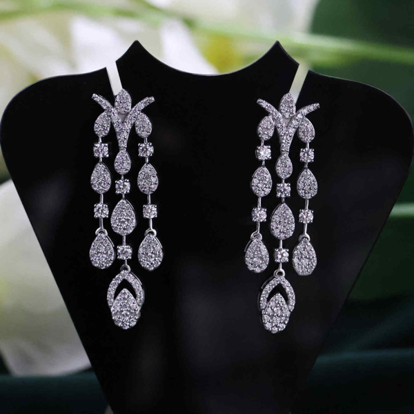 Round Brilliant Cut Lab Grown Diamond White Gold Long Dangle Earrings