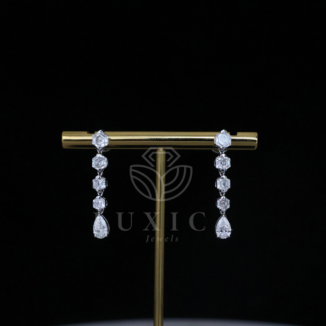 Lab-Grown Diamond Drop Earrings with Pear, Hexagon Cuts – Timeless Elegance in Every Detail