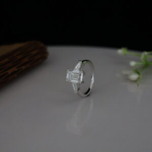 Emerald Cut Lab Grown Diamond Ring with Baguette Side Stones – Elegant Three Stone Setting